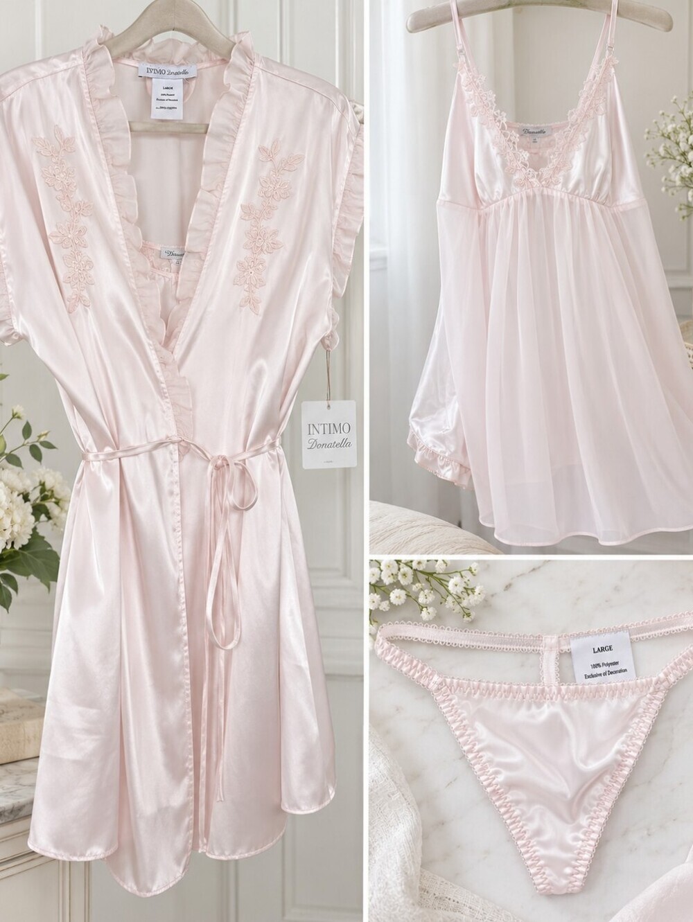 Intimo Donatella 3-Piece Babydoll Lingerie Set Robe Thong Pink Large NWT